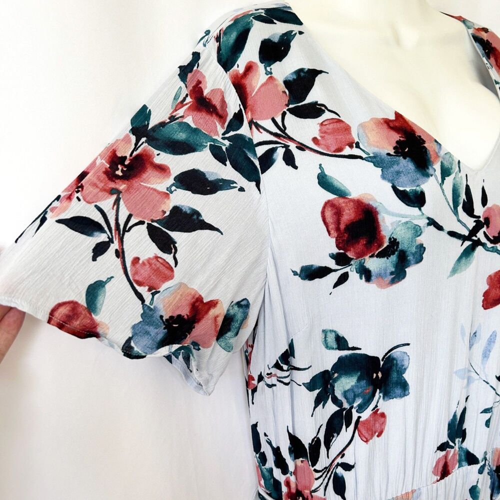 NWOT J. Jill Watercolor Floral Midi Dress in Blue (L) Short Sleeve Ruffled Hem - Picture 5 of 13